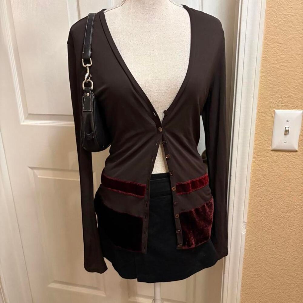 Castor Made In Italy brown cardigan with red velvet trim. Size 8